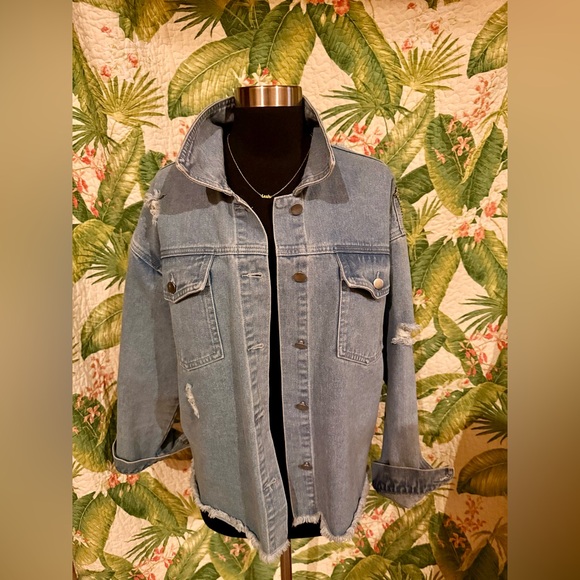 FIRST LOVE Soft Stretch Distressed Blue Jean Jacket Silver Sparkle Bling Fringe - Picture 3 of 5